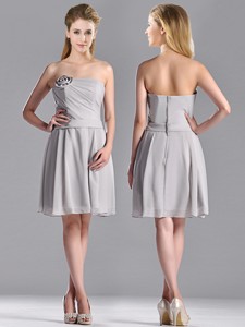 Lovely Empire Strapless Chiffon Grey Bridesmaid Dress With Hand Made Flower