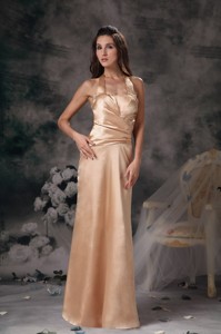 Elegant Champagne Column Bridesmaid Dress Halter Satin Ruch Floor-length
