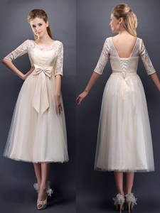 See Through Scoop Half Sleeves Champagne Bridesmaid Dress with Bowknot