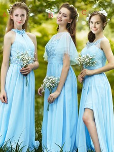 Modest Light Blue Empire Long Bridesmaid Dress with Appliques