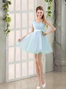 Summer V Neck Strapless Short Bridesmaid Dress With Bowknot