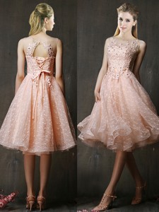 See Through Beaded and Applique Peach Bridesmaid Dress with Polka Dot
