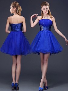 Romantic Strapless Beaded Organza Short Bridesmaid Dress in Royal Blue