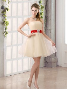 A Line Belt Strapless Bridesmaid Dress with Mini Length
