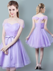 Simple Bowknot and Ruched Short Bridesmaid Dress in Lavender