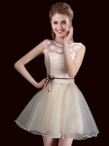 Classical See Through Laced and Belted Organza Champagne Bridesmaid Dress