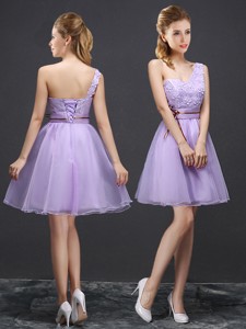 Discount Lace Up One Shoulder Short Bridesmaid Dress with Appliques