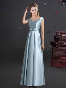 Latest Off the Shoulder Light Blue Bridesmaid Dress with Bowknot