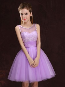 Simple See Through Scoop Tulle Laced Dama Dress in Lilac