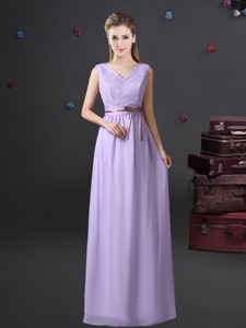Exclusive Empire V Neck Lavender Dama Dress with Lace and Belt