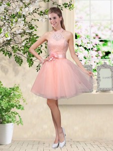 Artistic Halter Top Appliques And Laced Bridesmaid Dress In Baby Pink
