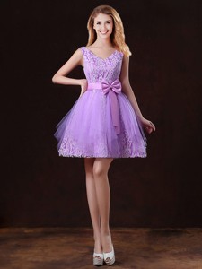 Discount V Neck Tulle Bridesmaid Dress With Bowknot