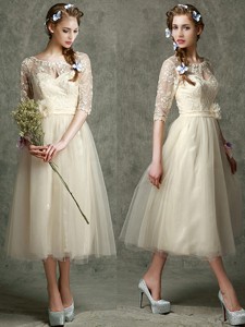See Through Scoop Half Sleeves Bridesmaid Dress with Hand Made Flowers and Lace