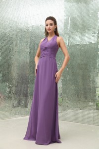 Empire Chiffon Purple V-neck Bridesmaid Dress Ruched Floor-length