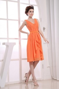 V-neck Orange Knee-length Ruching Bridesmaid Dress