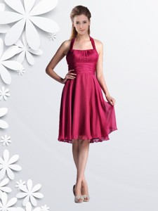 Cheap Halter Top Chiffon Coral Red Bridesmaid Dress With Ruching