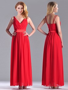 The Super Hot Empire V Neck Red Bridesmaid Dress In Ankle Length