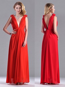 Elegant Deep V Neckline Red Bridesmaid Dress With Hand Crafted Flowers