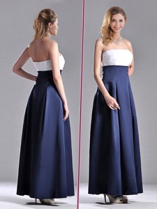 Elegant Strapless Ankle Length Bridesmaid Dress In Navy Blue And White