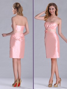 Cheap Strapless Hand Crafted Flower Peach Bridesmaid Dress In Satin