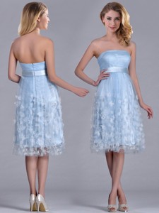 Gorgeous Empire Tea Length Applique Tulle Bridesmaid Dress In Light Blue
