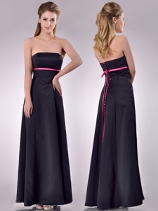 Classical Black Ankle Length Bridesmaid Dress With Hot Pink Belt