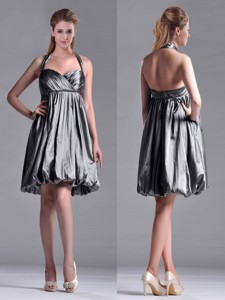 New Style Halter Top Taffeta Silver Bridesmaid Dress With Backless