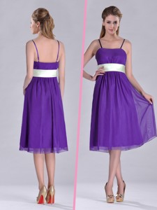 Romantic Spaghetti Straps Belted Eggplant Purple Bridesmaid Dress In Tea Length
