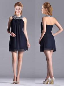 Popular Black Short Bridesmaid Dress With Beaded Decorated Halter Top