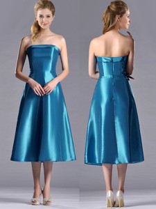 Luxurious A Line Strapless Tea Length Bridesmaid Dress In Teal