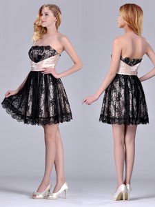 Modern Strapless Black Short Bridesmaid Dress With Lace And Belt
