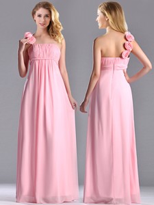 New Style Baby Pink Bridesmaid Dress With Handcrafted Flowers Decorated One Shoulder