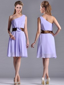Exclusive One Shoulder Lavender Short Bridesmaid Dress With Brown Belt