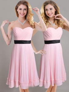 Discount Empire Pleated And Black Belted Bridesmaid Dress In Baby Pink