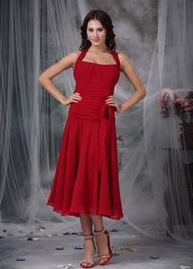 Wine Red Column Halter Tea-length Chiffon Ruch Bridesmaid Dress