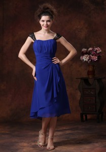 Chiffon Ruched Straps Navy Blue Tea-length Bridesmaid Dress