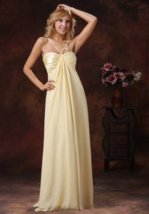 Light Yellow Straps Ruched Bodice Discount Bridesmaid Dress Floor-length