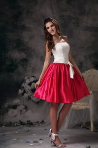 White And Hot Pink Straps Mini-length Taffeta Bow Bridesmaid Dress
