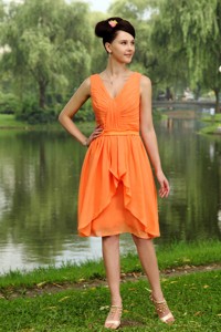 Orange Empire V-neck Knee-length Chiffon Ruch Bridesmaid Dress