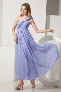 Lilac One Shoulder Hand Made Flowers Bridesmaid Dress Ankle-length Chiffon