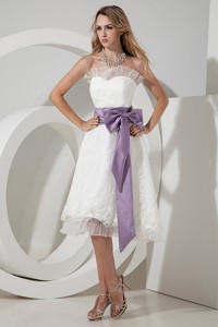 Elegant Princess Strapless Short Wedding Dress Tea-length Lace Bow