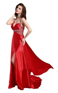Column Straps Wine Red Beading And Ruching High Slit Evening Dress