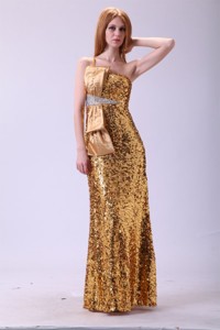 Column One Shoulder Floor-length Sequins Champagne Bowknot Evening Dress