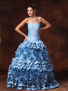Ruffles Light Blue Strapless Appliques Taffeta Chic New Arrival Prom Gowns In Bessemer Alabam
