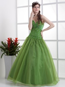 Olive Green Beaded Decorate Bust Quinceanera Dress Sweetheart Organza