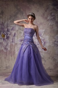 Elegant Purple Strapless Prom Evening Dress With Appliques