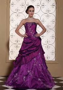 Modest Purple Evening Dress Taffeta And Organza With Embroidery Gown