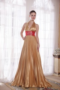 Popular Gold Empire Halter Brush Train Elastic Woven Satin Rhinestones Evening Dress