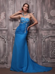 Blue Column Strapless Brush Train Chiffon Appliques Prom / Evening Dress