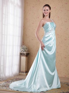 Light Blue Empire One Shoulder Brush / Sweep Elastic Woven Satin Beading Evening Dress